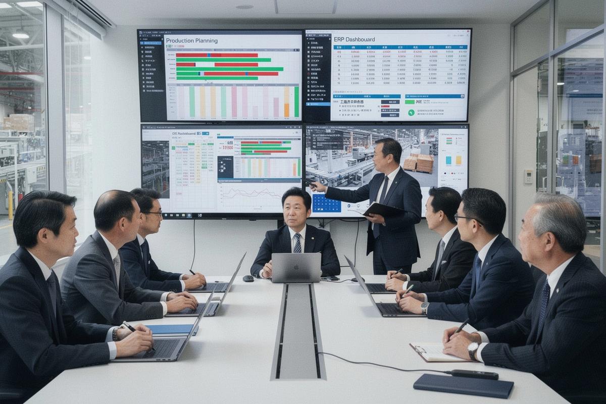 Manufacturing leadership team reviewing ERP production dashboards in a modern Japanese factory office